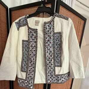Chico's Cream and Blue Embroidered Blazer